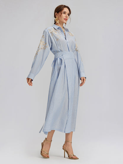 Silk Embroidery Tonal Jacquard Striped Dress