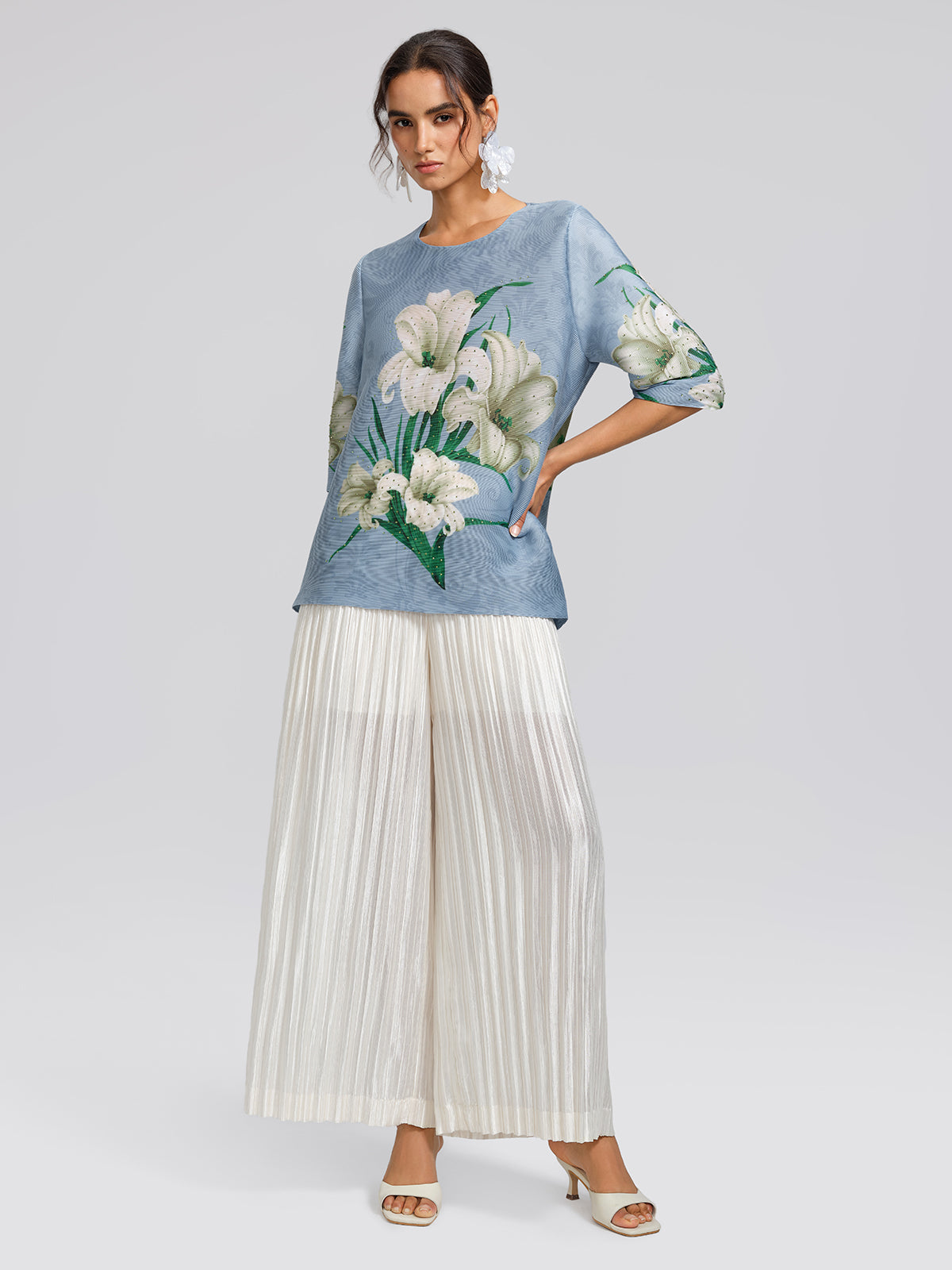 Artistic Pleated Rhinestone Floral Print Top