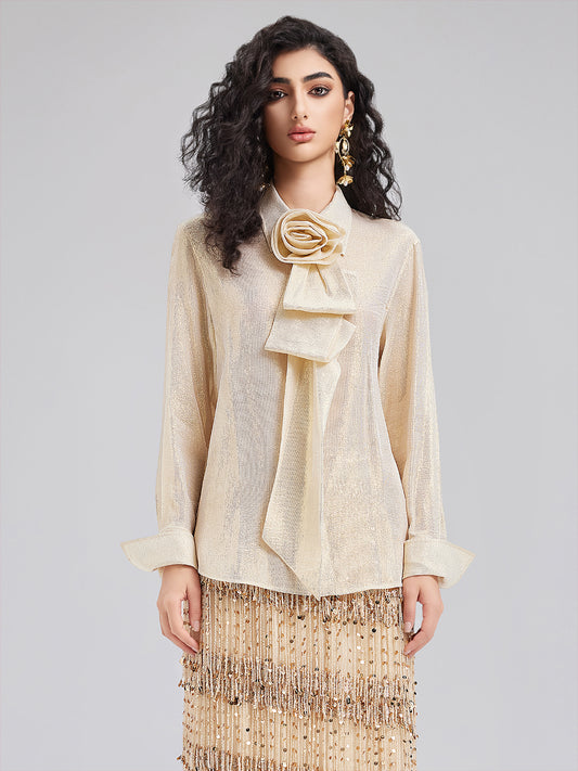 Golden Mulberry Silk Flower Bow Blouse