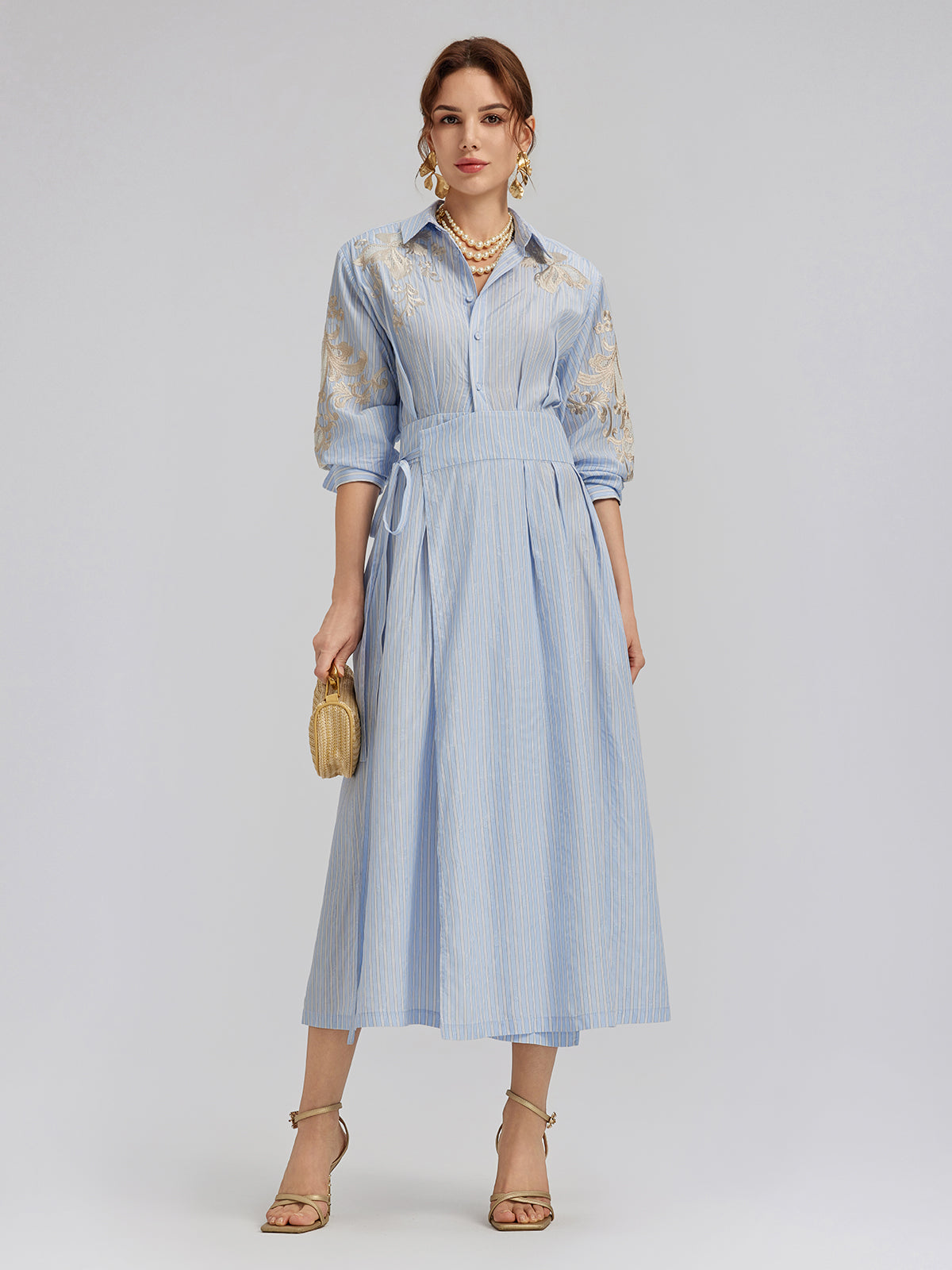 Silk Embroidery Tonal Jacquard Striped Dress