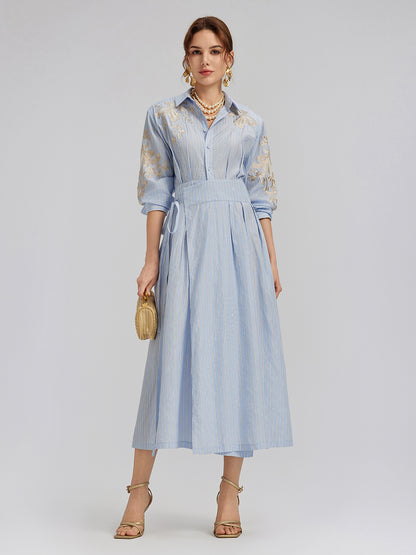 Silk Embroidery Tonal Jacquard Striped Dress