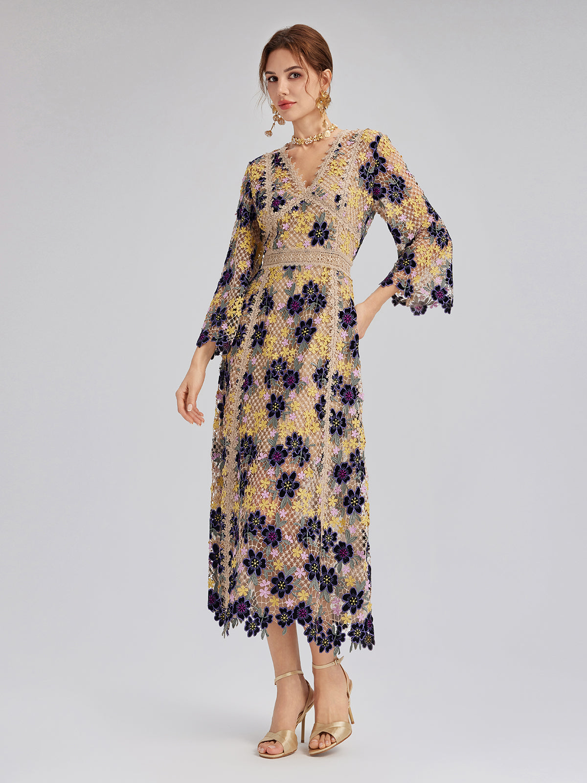 Multicolor Floral Embroidered Lace Dress