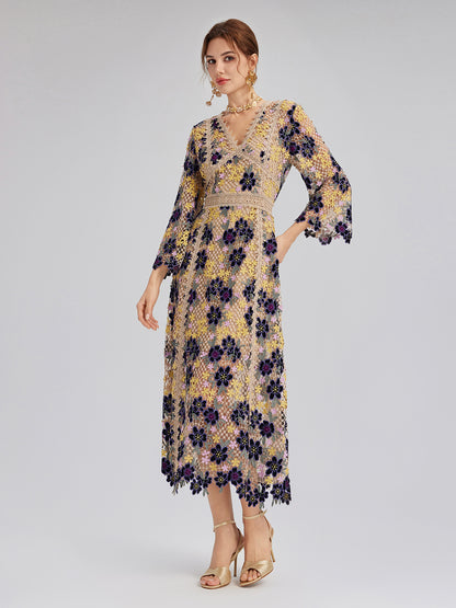 Multicolor Floral Embroidered Lace Dress
