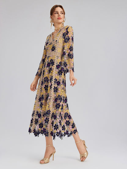 Multicolor Floral Embroidered Lace Dress