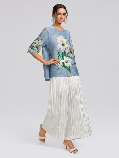 Artistic Pleated Rhinestone Floral Print Top