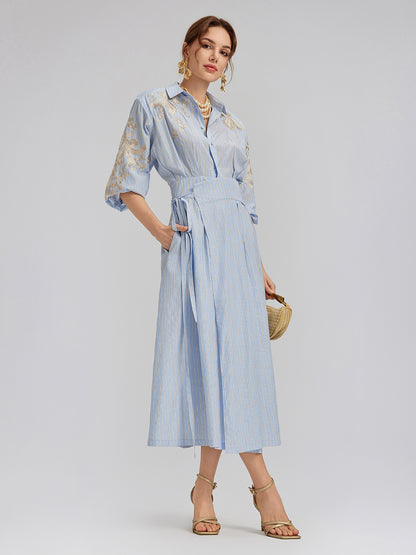 Silk Embroidery Tonal Jacquard Striped Dress