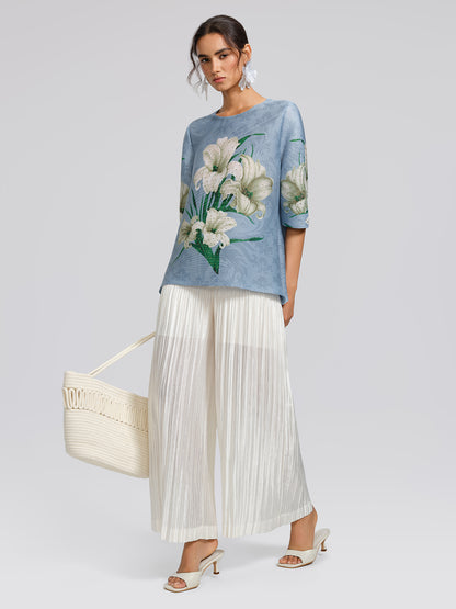 Artistic Pleated Rhinestone Floral Print Top