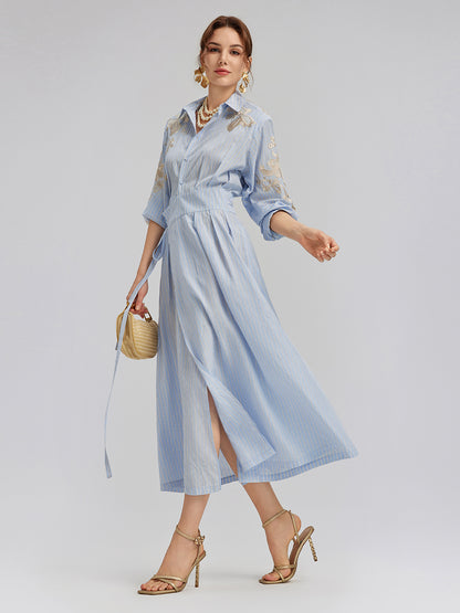 Silk Embroidery Tonal Jacquard Striped Dress