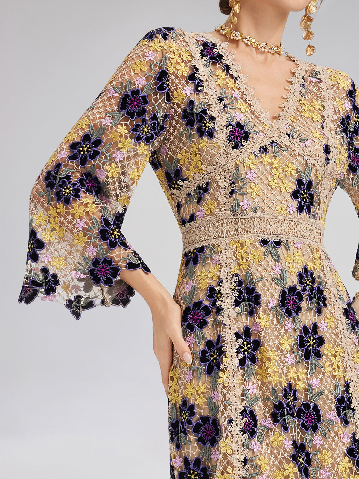 Multicolor Floral Embroidered Lace Dress