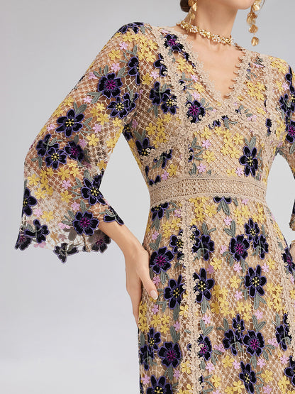 Multicolor Floral Embroidered Lace Dress