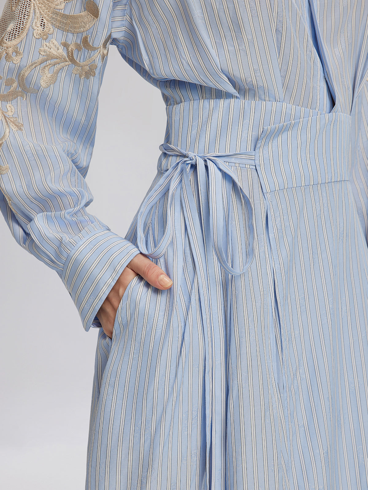 Silk Embroidery Tonal Jacquard Striped Dress
