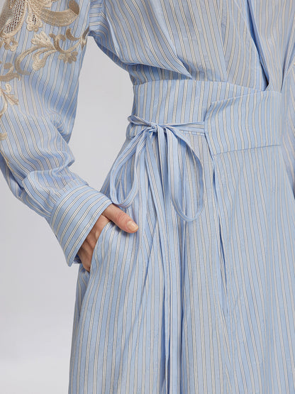 Silk Embroidery Tonal Jacquard Striped Dress