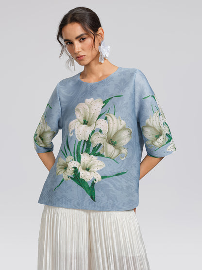 Artistic Pleated Rhinestone Floral Print Top