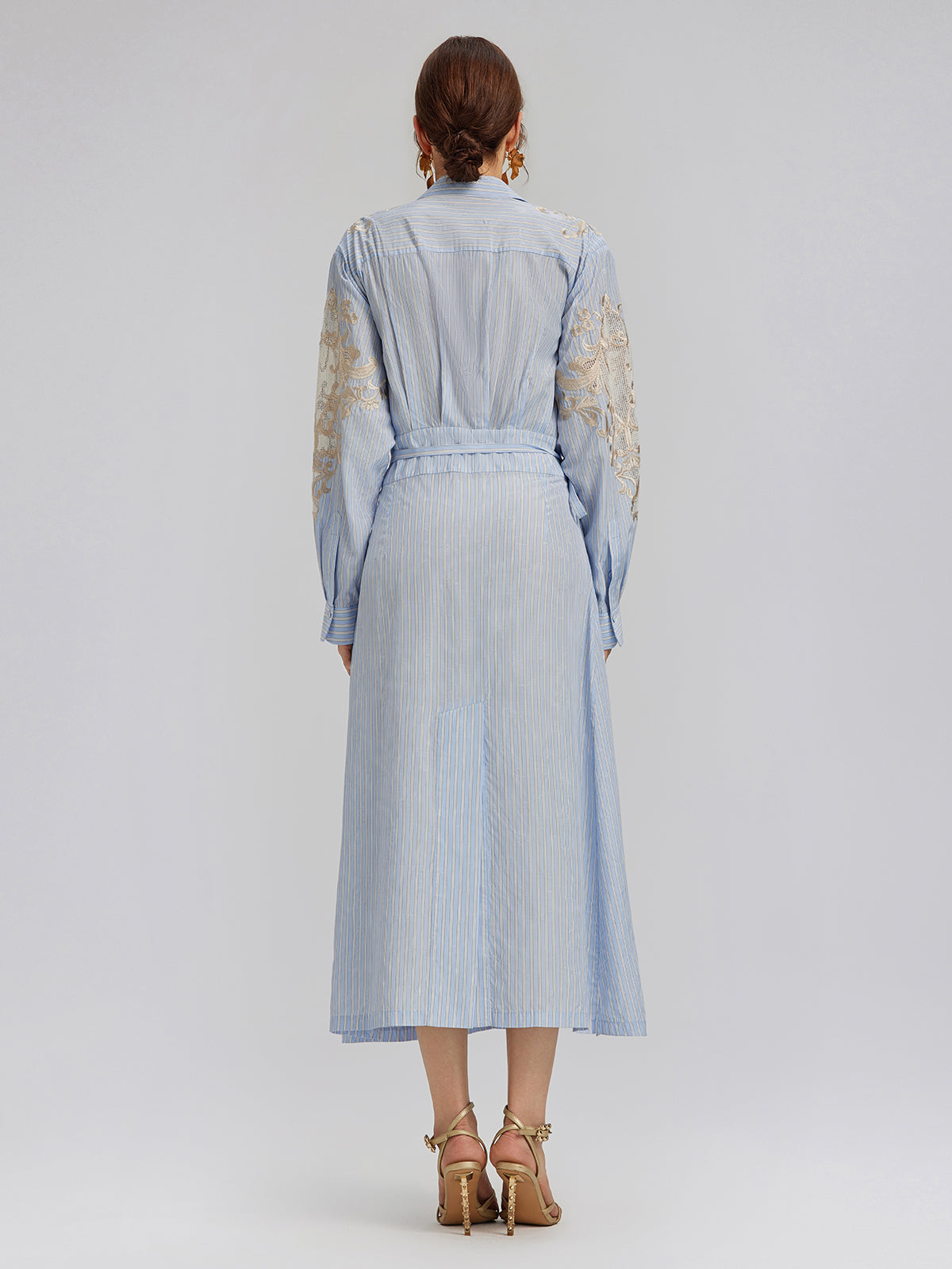 Silk Embroidery Tonal Jacquard Striped Dress