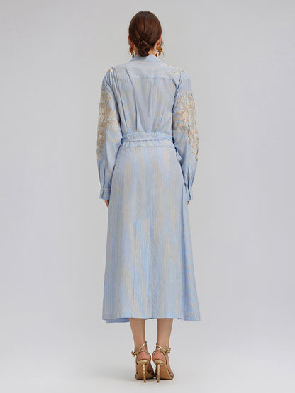 Silk Embroidery Tonal Jacquard Striped Dress