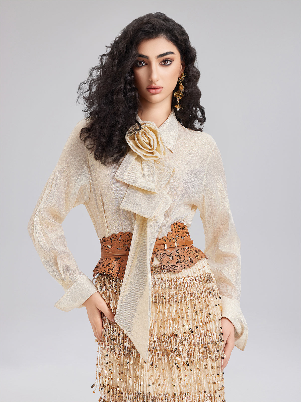 Golden Mulberry Silk Flower Bow Blouse