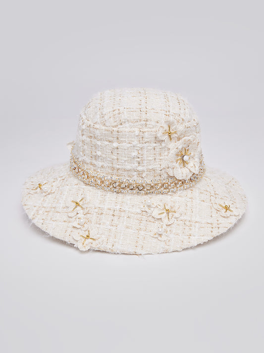 Hand-Beaded Floral Check Tweed Hat