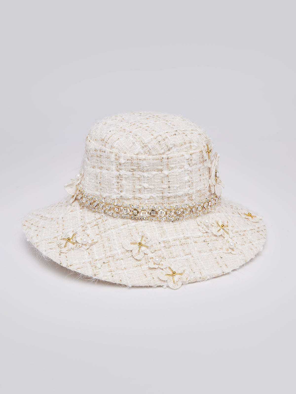 Hand-Beaded Floral Check Tweed Hat