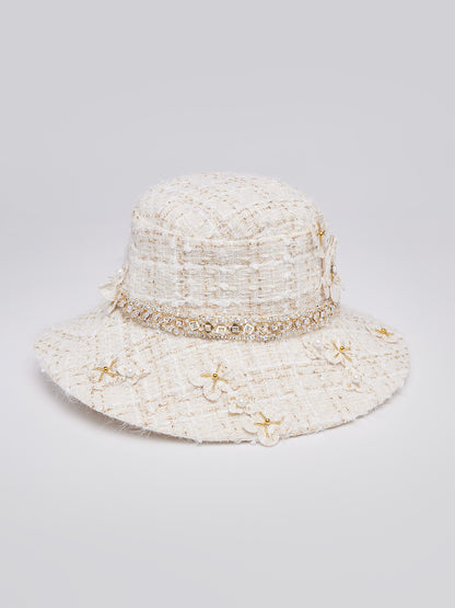 Hand-Beaded Floral Check Tweed Hat