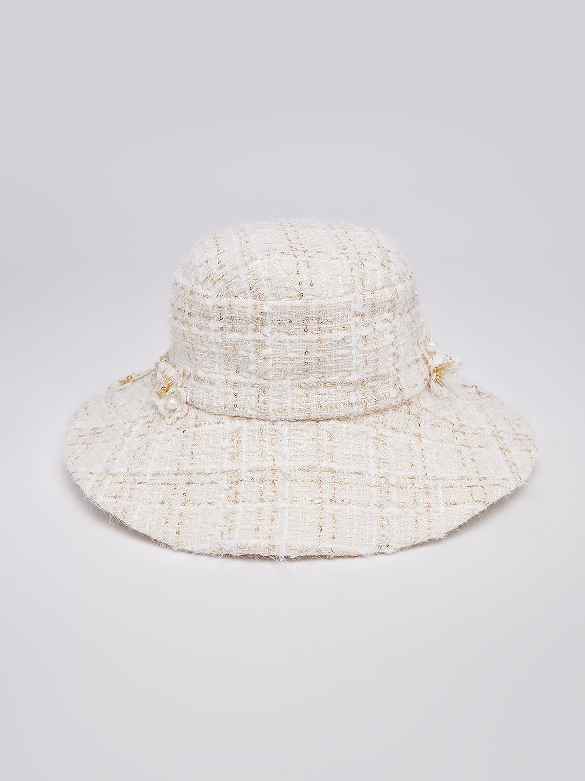 Hand-Beaded Floral Check Tweed Hat