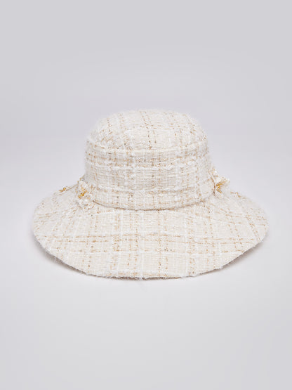 Hand-Beaded Floral Check Tweed Hat