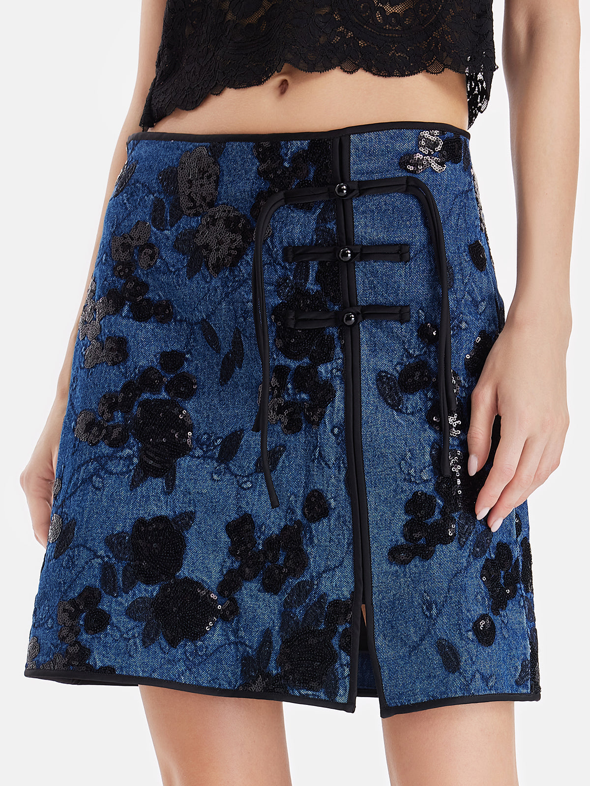 Embroidered Sequin Contrast Denim Skirt