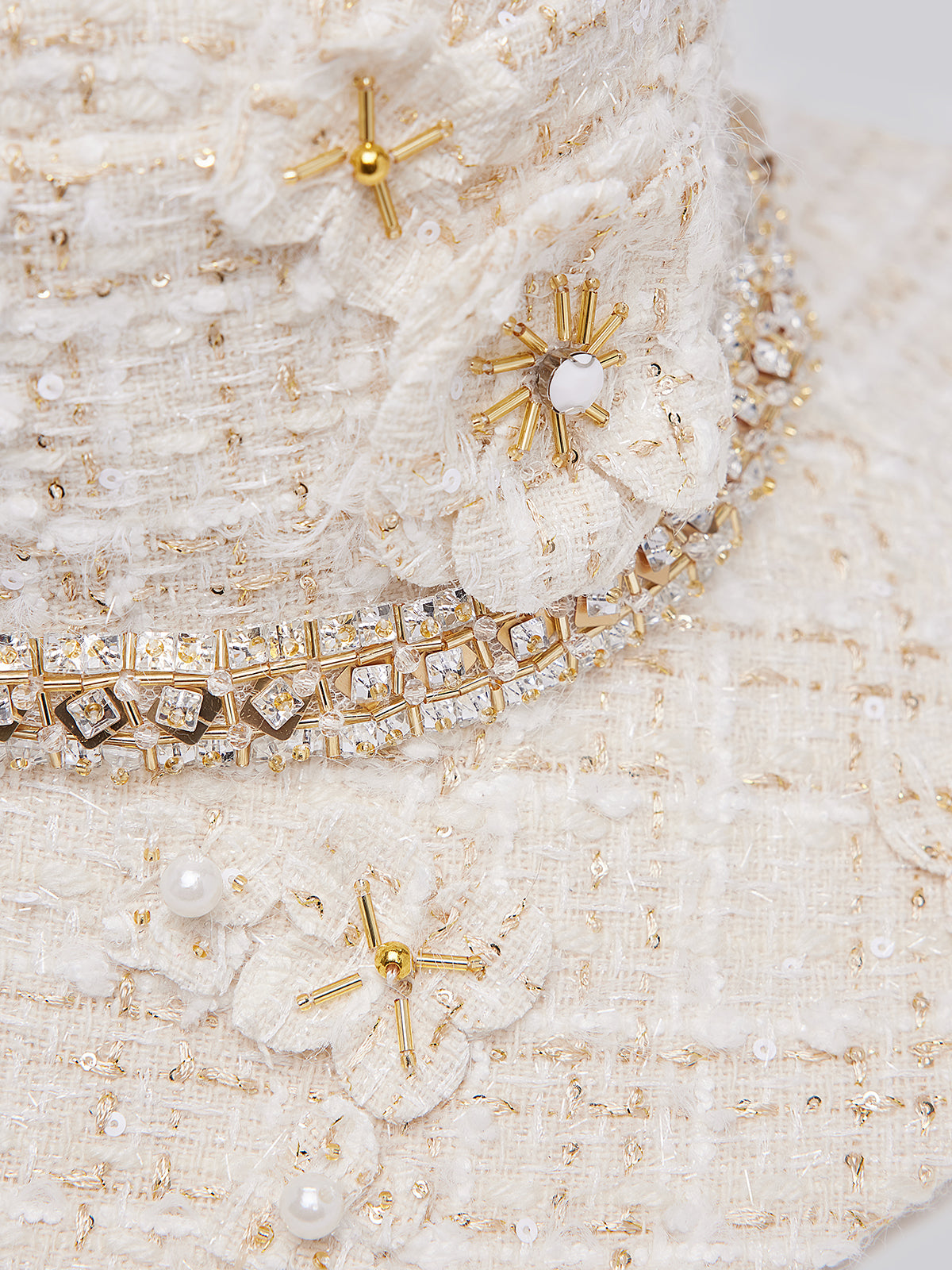 Hand-Beaded Floral Check Tweed Hat