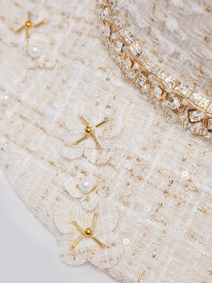 Hand-Beaded Floral Check Tweed Hat