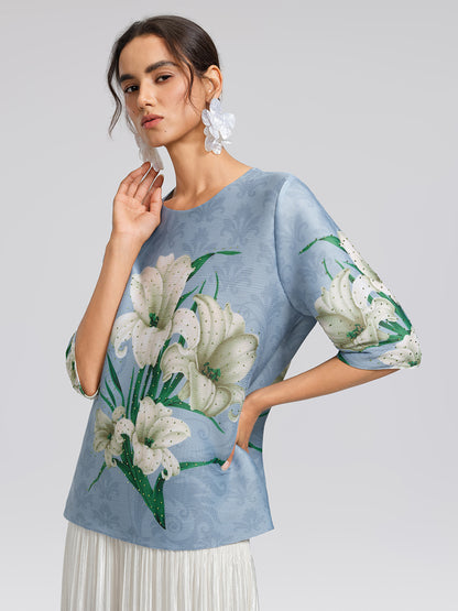 Artistic Pleated Rhinestone Floral Print Top