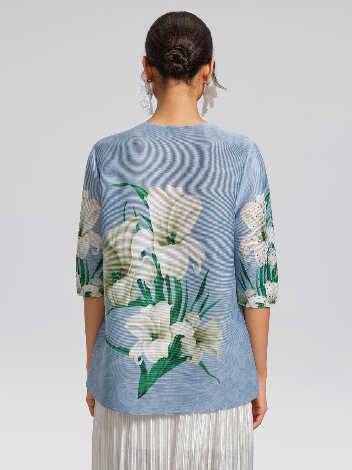 Artistic Pleated Rhinestone Floral Print Top