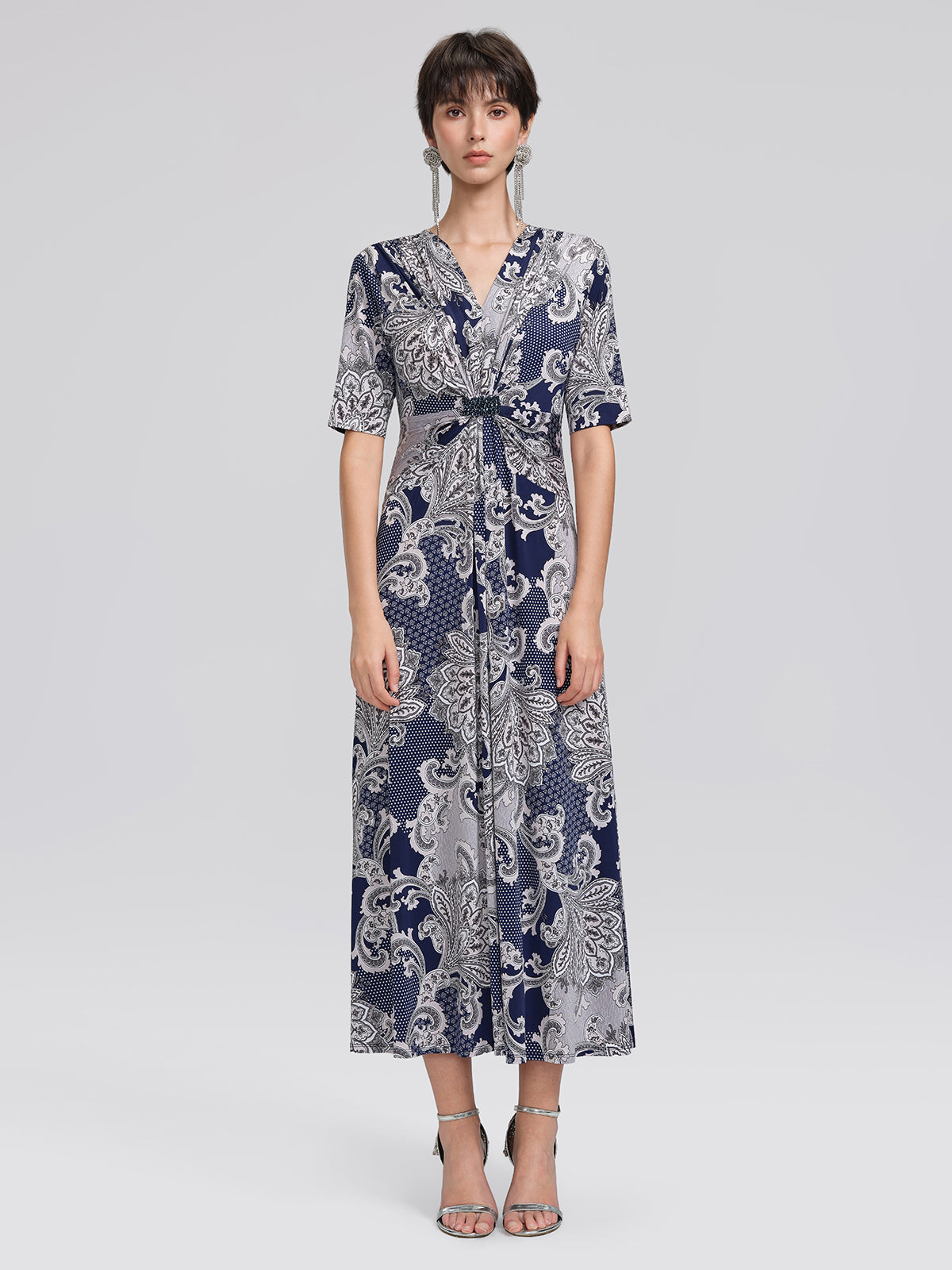 Paisley Print Twist Waist V-Neck Dress