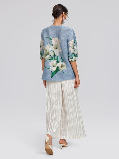 Artistic Pleated Rhinestone Floral Print Top