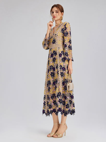 Multicolor Floral Embroidered Lace Dress