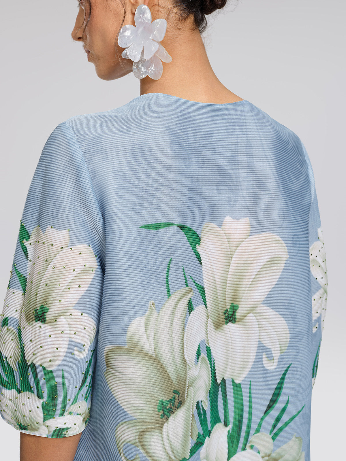 Artistic Pleated Rhinestone Floral Print Top