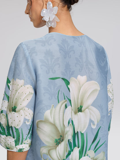 Artistic Pleated Rhinestone Floral Print Top