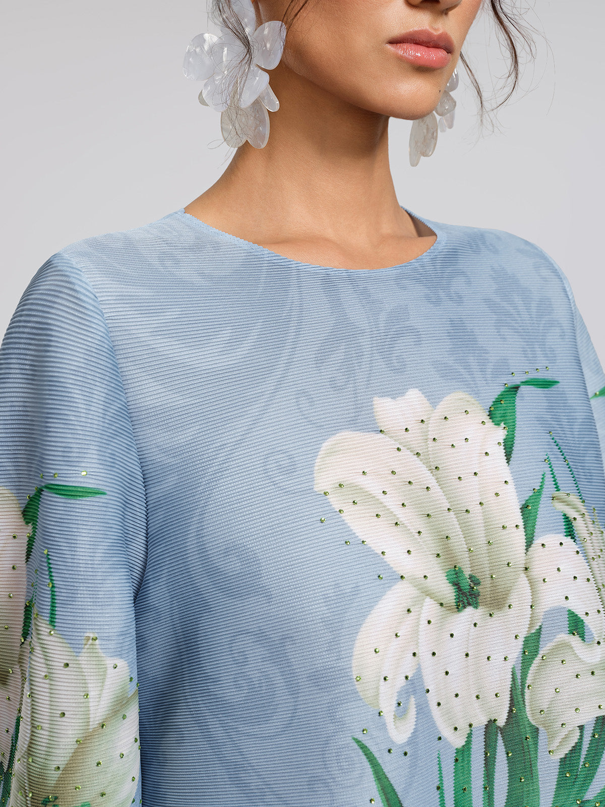 Artistic Pleated Rhinestone Floral Print Top