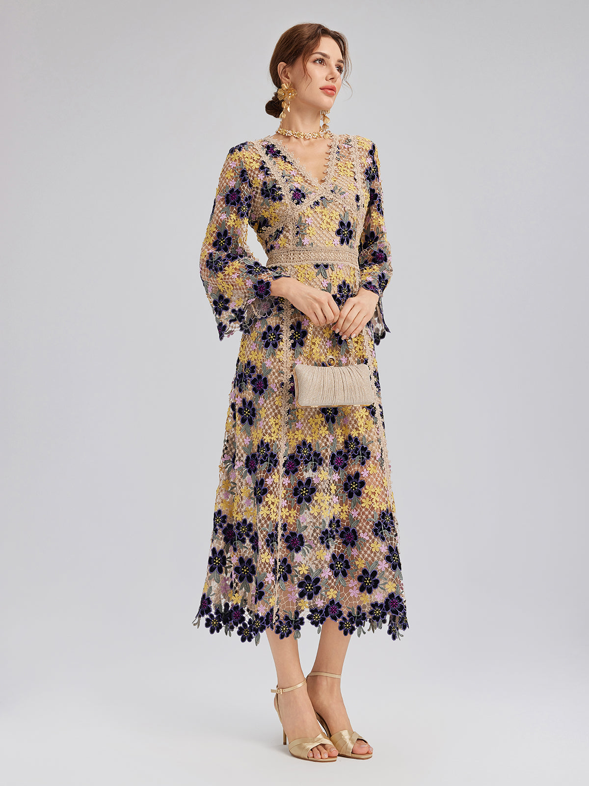 Multicolor Floral Embroidered Lace Dress