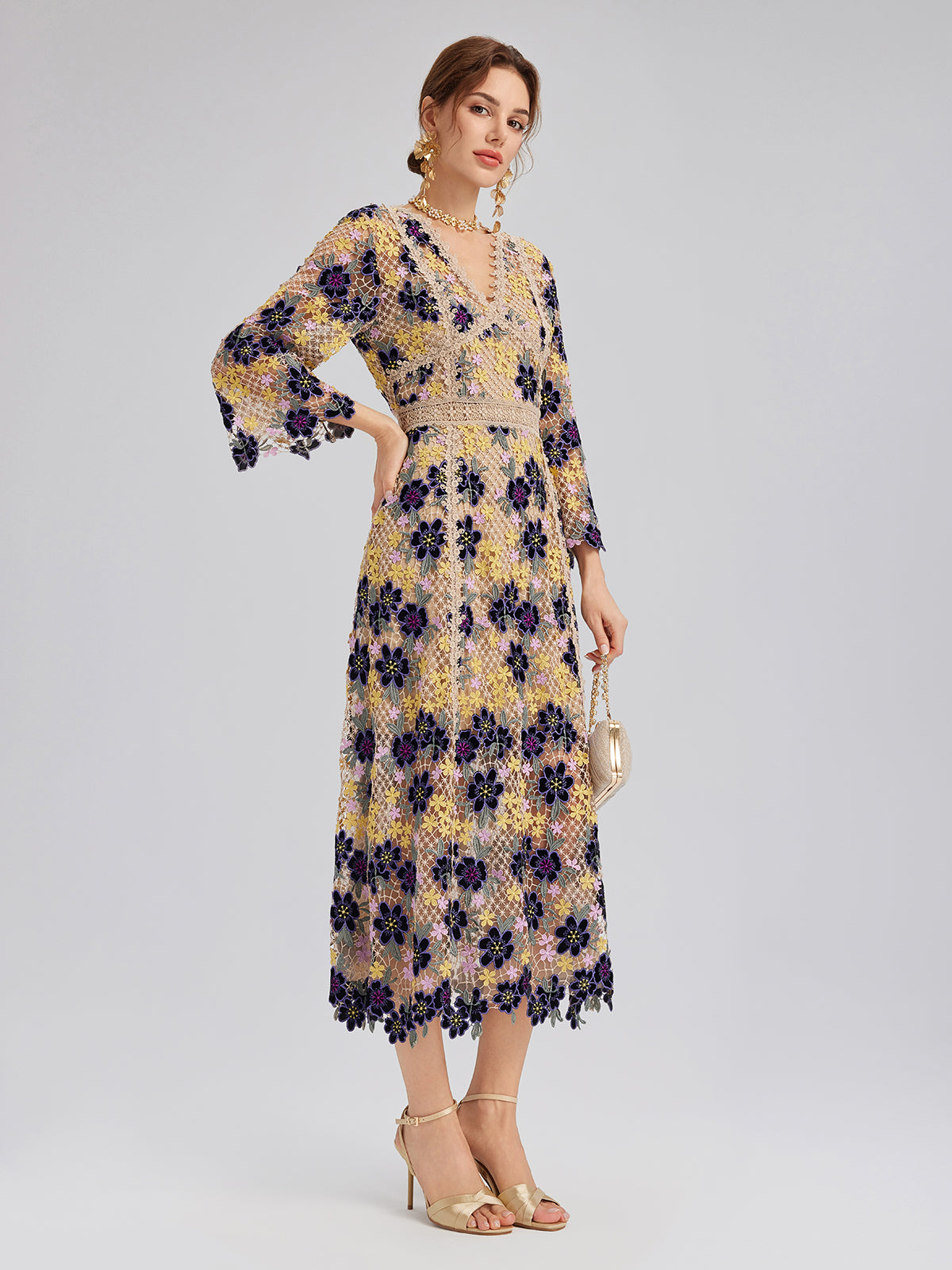 Multicolor Floral Embroidered Lace Dress