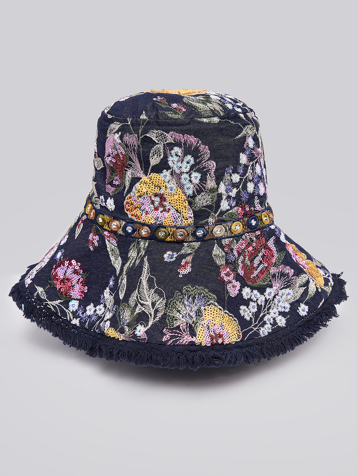 Hand-Beaded Floral Denim Raw-Edge Hat