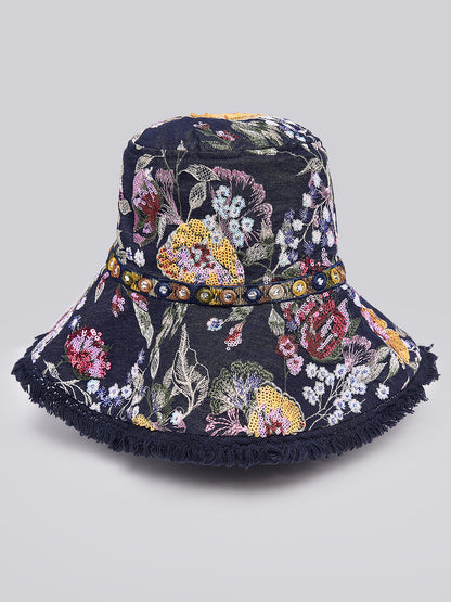 Hand-Beaded Floral Denim Raw-Edge Hat