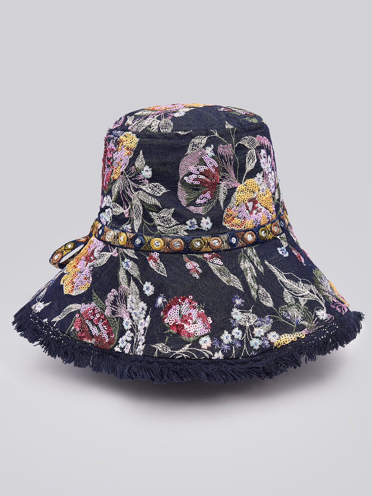 Hand-Beaded Floral Denim Raw-Edge Hat