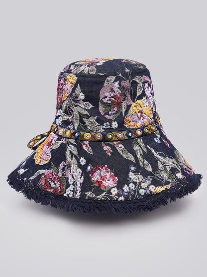 Hand-Beaded Floral Denim Raw-Edge Hat