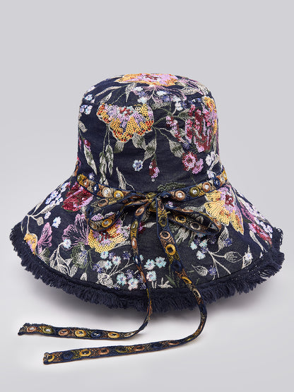 Hand-Beaded Floral Denim Raw-Edge Hat