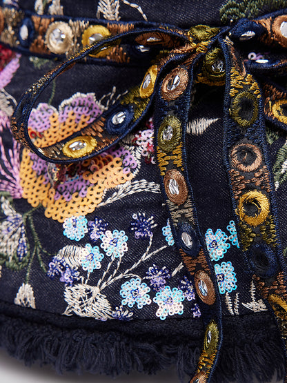 Hand-Beaded Floral Denim Raw-Edge Hat
