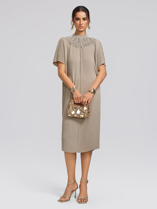 Beaded Mesh-Neck Pleated Batwing Dress