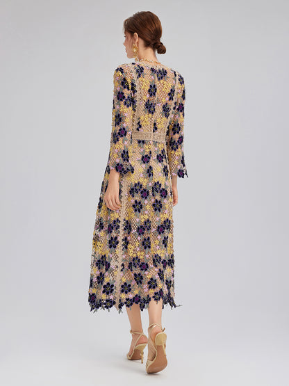 Multicolor Floral Embroidered Lace Dress