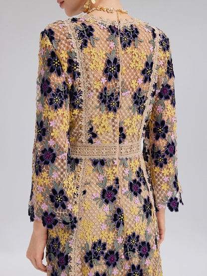 Multicolor Floral Embroidered Lace Dress