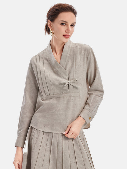 Oriental-Inspired Pleated Linen Shirt