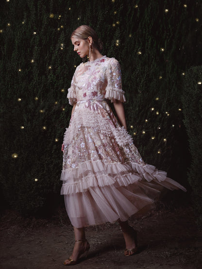 3D Floral Sequin Tulle Ruffle Dress