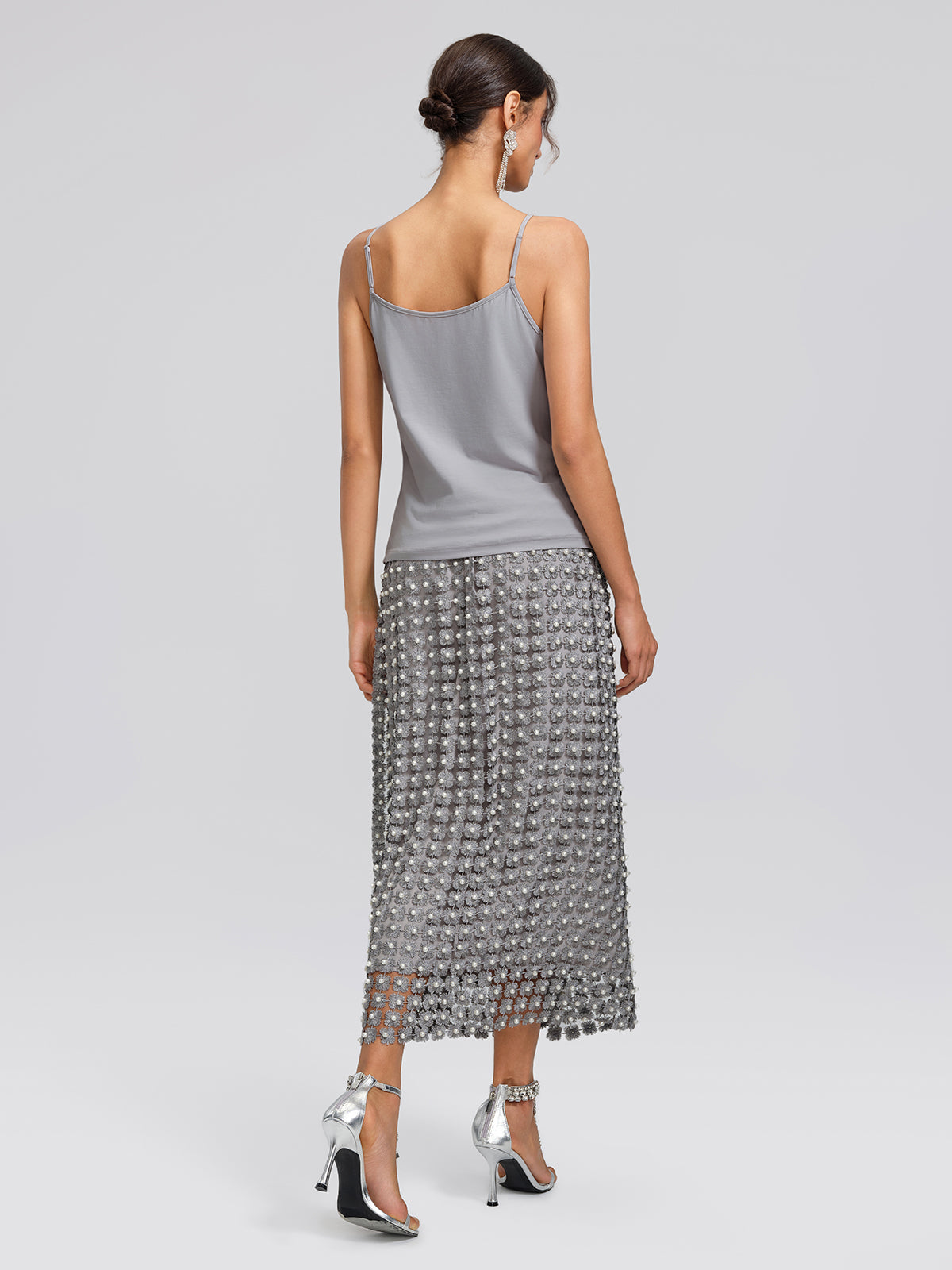 Floral Pearl-Embellished Elastic-Waist Skirt